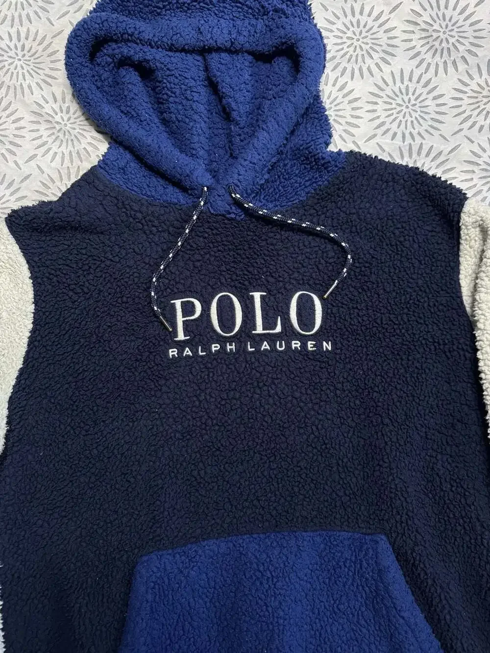 Polo Ralph Lauren Logo Pile Fleec Hoodie Navy Blue White Mens Large